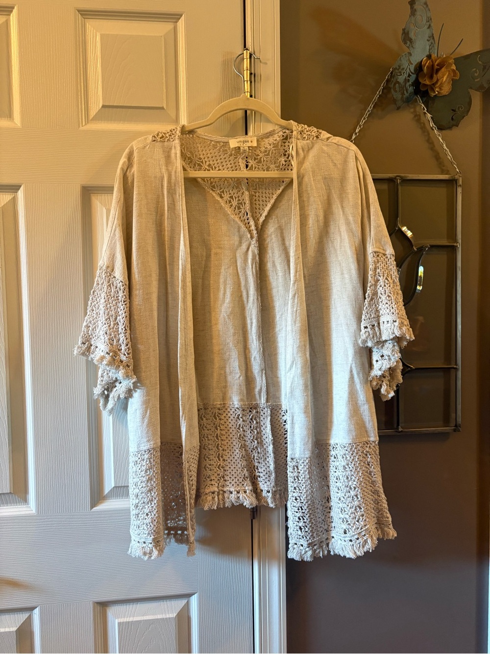 Umgee USA Linen Cotton Crochet Kimono Cardigan Boho Oatmeal XL